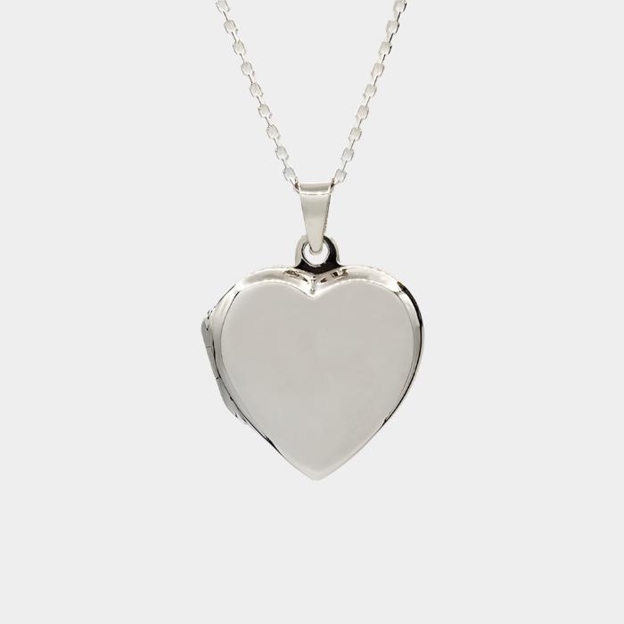 Close up of sterling silver heart shaped photo contemporary locket and silver chain.