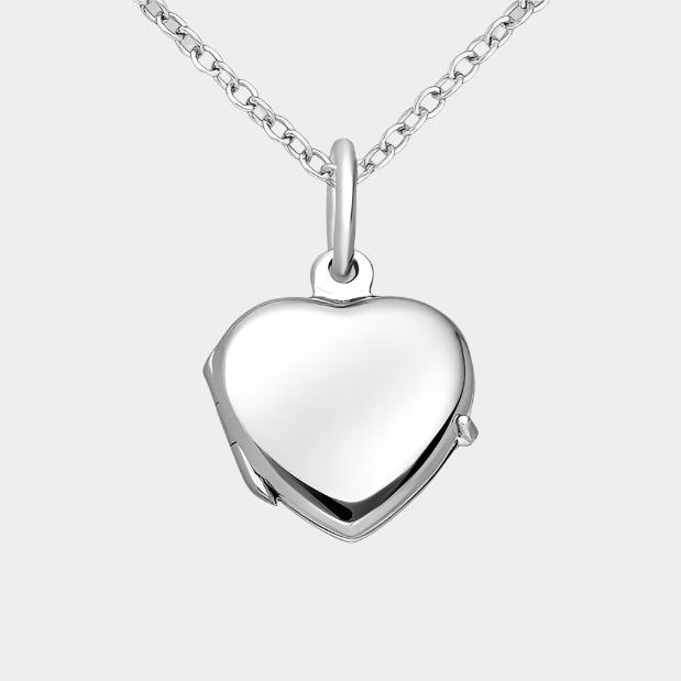 Small silver heart shaped photo necklace on a white background