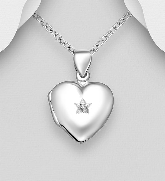 heart shaped silver photo locket with Cubic zirconia stone on a white background