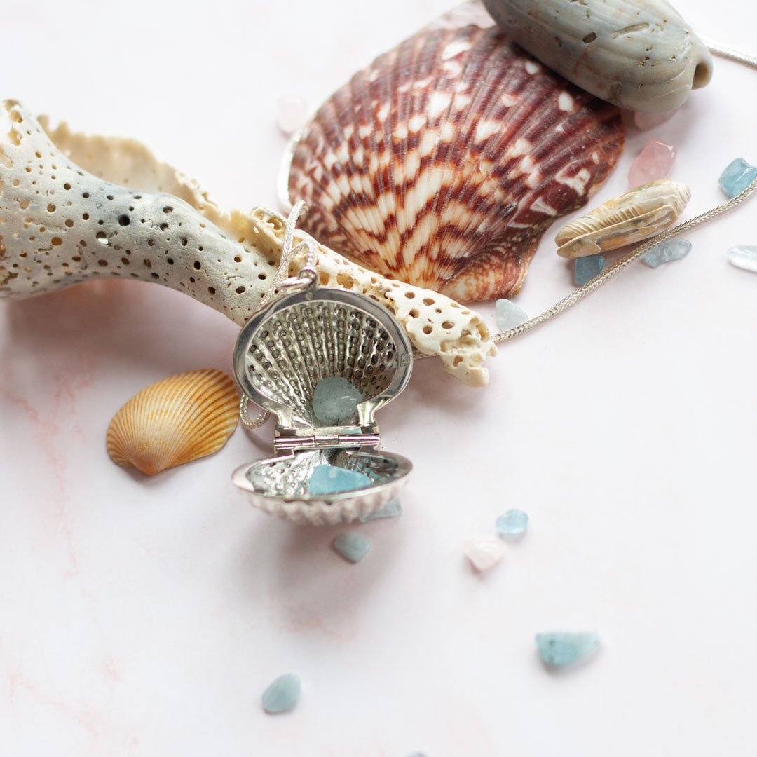 Shell shaped photo locket necklace opened up along with assorted sea shells