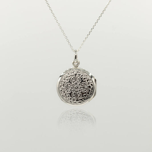 ornate sterling silver round circle shaped locket with chain