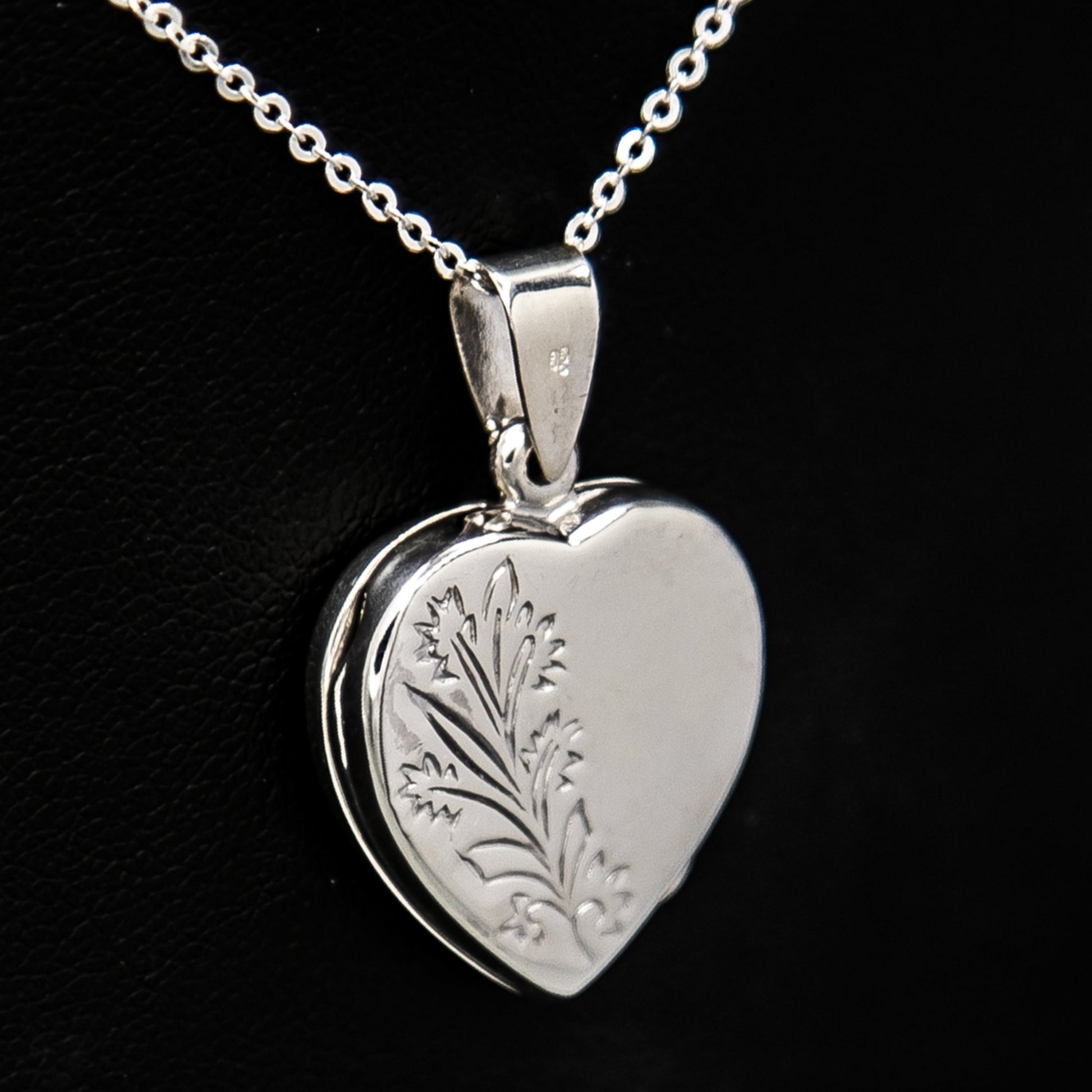 Silver heart-shaped photo locket pendant with embellishment on Italian silver chain