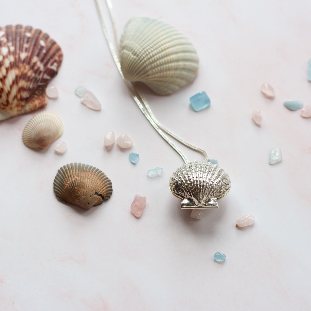 Silver shell shaped locket necklace on silver chain with assorted seashells