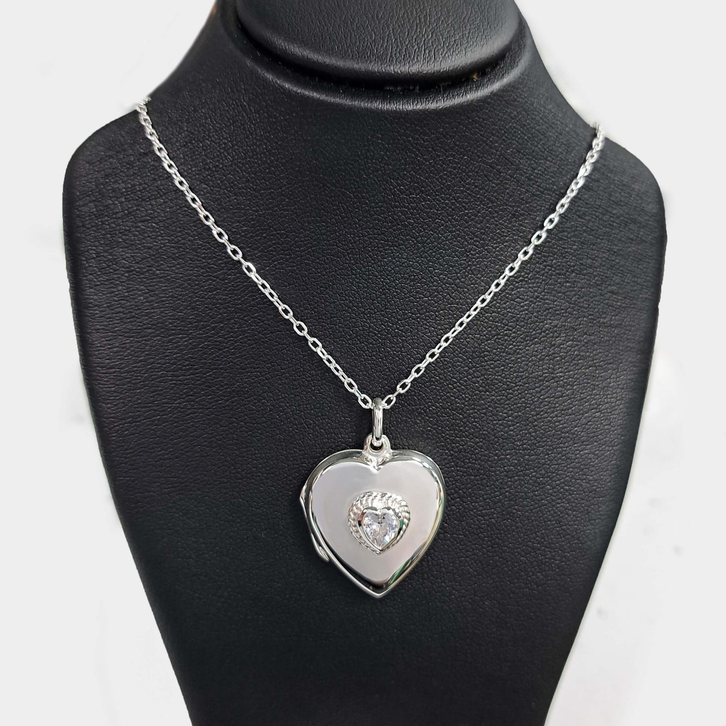 Heart-shaped chain and locket necklace with cubic zirconia inset
