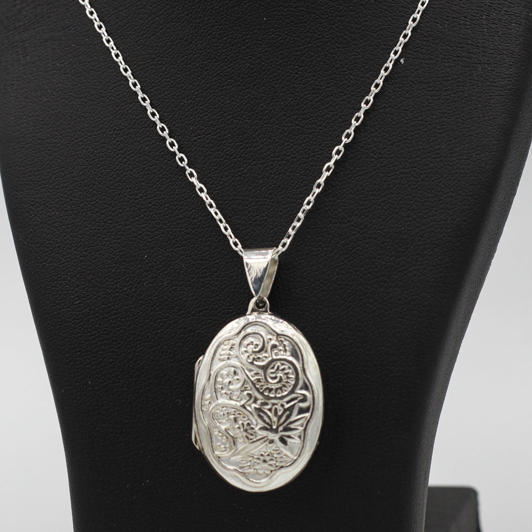 Sterling silver ornate oval locket with Italian silver chain